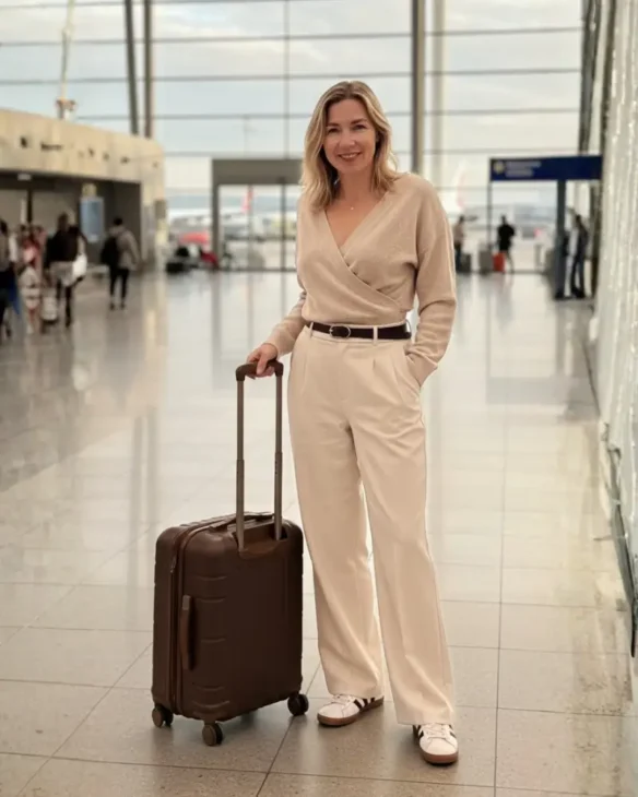 Beżowy total look na wygodny lot samolotem jesienią