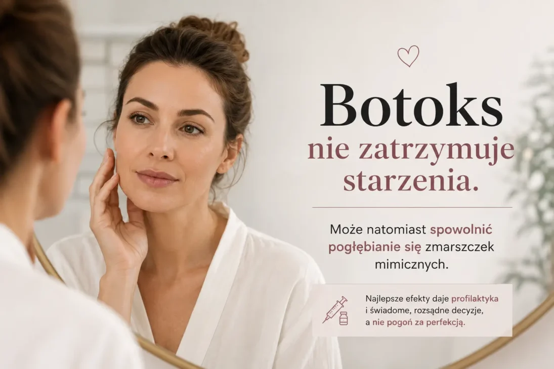 Kobieta oglądająca swoją twarz w lustrze. Grafika wyjaśnia, że botoks nie zatrzymuje procesu starzenia, ale może spowolnić pogłębianie się zmarszczek mimicznych.