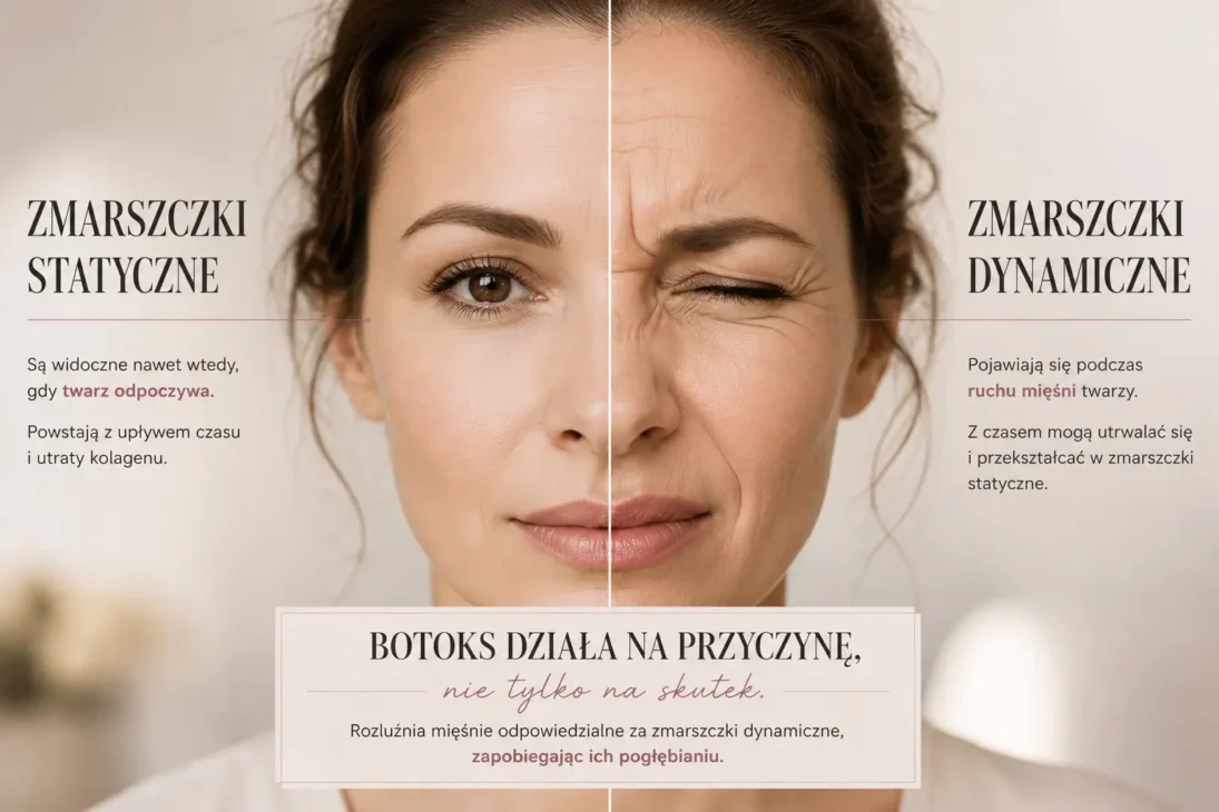 Porównanie zmarszczek statycznych i dynamicznych na twarzy kobiety. Grafika pokazuje różnicę między zmarszczkami widocznymi w spoczynku a zmarszczkami mimicznymi pojawiającymi się podczas ruchu mięśni.