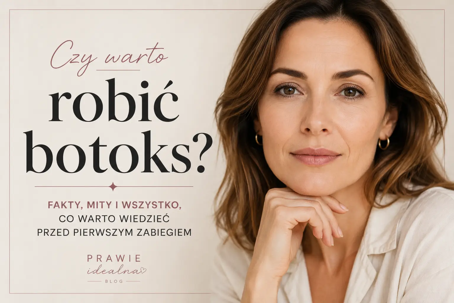 Kobieta około 45. roku życia z naturalnym makijażem. Grafika do artykułu „Czy warto robić botoks? Fakty, mity i wszystko, co warto wiedzieć przed pierwszym zabiegiem”.