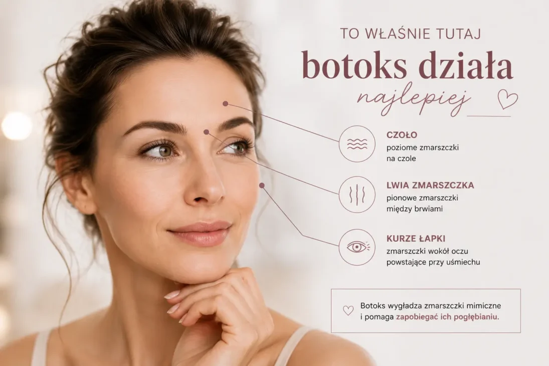 Najczęstsze obszary stosowania botoksu na twarzy – czoło, lwia zmarszczka i kurze łapki. Schemat przedstawiający miejsca, w których toksyna botulinowa działa najskuteczniej.
